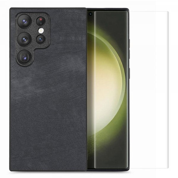 Enkay Samsung Galaxy S23 Ultra kuori näytönsuojalla, nahkakuvioitu, musta
