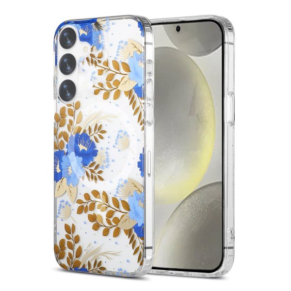 Samsung Galaxy S24 Plus Kuori Kukkakuvio MagSafe Sininen Kulta