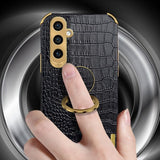 Samsung Galaxy S24 Kuori Krokotiilikuvio Sormus Valkoinen
