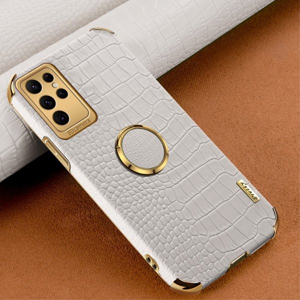 Samsung Galaxy S24 Ultra Kuori Krokotiilikuvio Sormussuojus Valkoinen