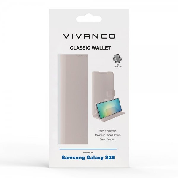 Vivanco Samsung Galaxy S25 -suojakotelo, Classic Wallet, greige