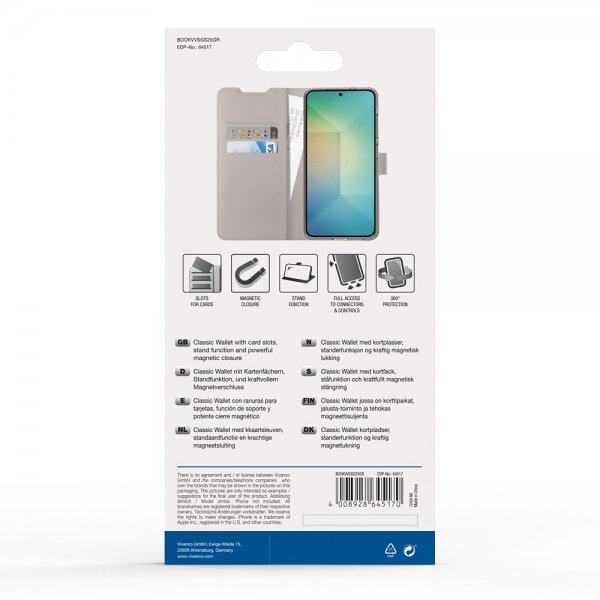 Vivanco Samsung Galaxy S25 -suojakotelo, Classic Wallet, greige