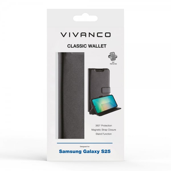 Vivanco Samsung Galaxy S25 Classic Wallet -suojakotelo, musta