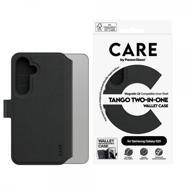 CARE by PanzerGlass Samsung Galaxy S25 Tango Two-in-One Wallet MagSafe -suojakuori, musta