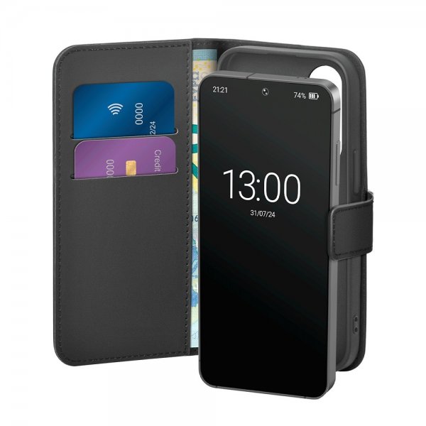 Puro Samsung Galaxy S25 -lompakkokotelo, jossa jalusta, musta