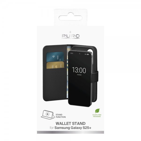 Puro Samsung Galaxy S25 Plus suojakotelo lompakko jalusta, musta