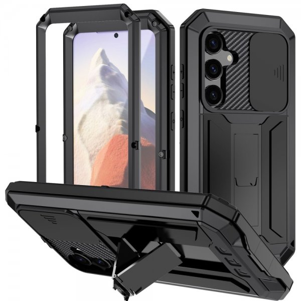 R-JUST Samsung Galaxy S25 -suojakuori metallia, iskunkestävä, kameran suojus, musta