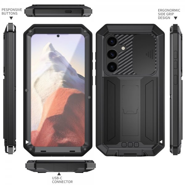 R-JUST Samsung Galaxy S25 -suojakuori metallia, iskunkestävä, kameran suojus, musta