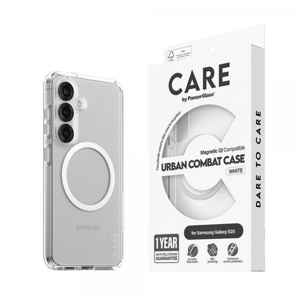 CARE by PanzerGlass Samsung Galaxy S25 -suojakuori Urban Combat MagSafe, valkoinen