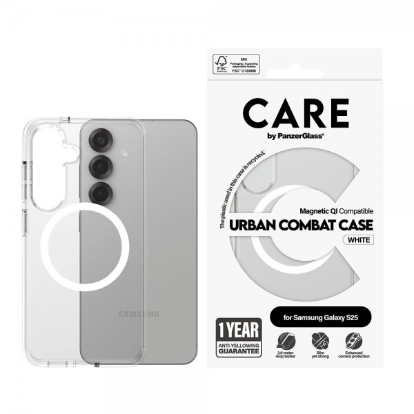 CARE by PanzerGlass Samsung Galaxy S25 -suojakuori Urban Combat MagSafe, valkoinen