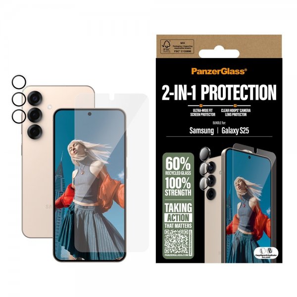 PanzerGlass Samsung Galaxy S25 -näytönsuoja ja kameran suojalasi 2-in-1-paketti