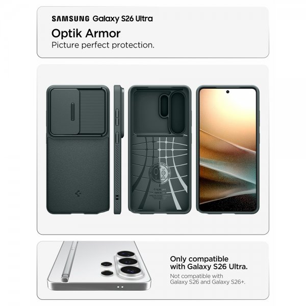 Spigen Samsung Galaxy S26 Ultra Optik Armor Abyss Green -suojakuori