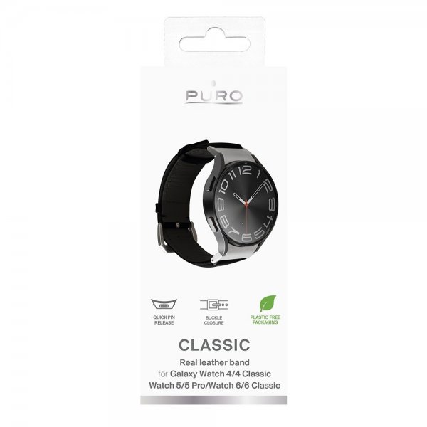Puro Samsung Galaxy Watch 20mm Ranneke Nahkaa Musta