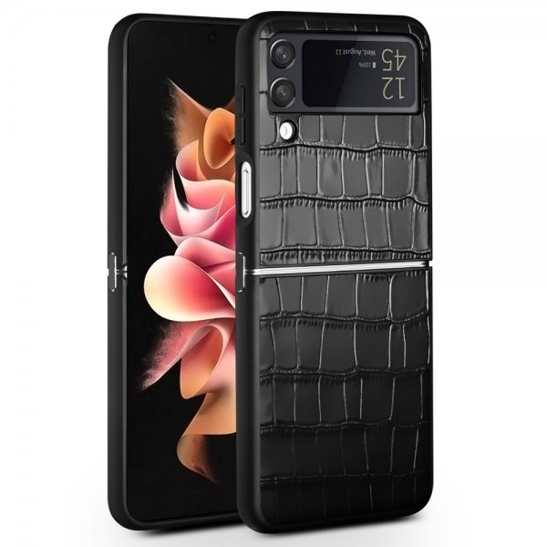 Qialino Samsung Galaxy Z Flip 4 -suojakuori, krokotiilikuvio, musta