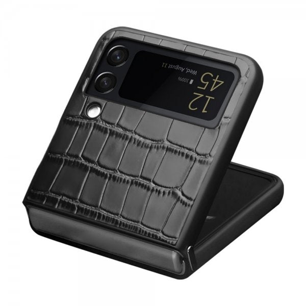 Qialino Samsung Galaxy Z Flip 4 -suojakuori, krokotiilikuvio, musta