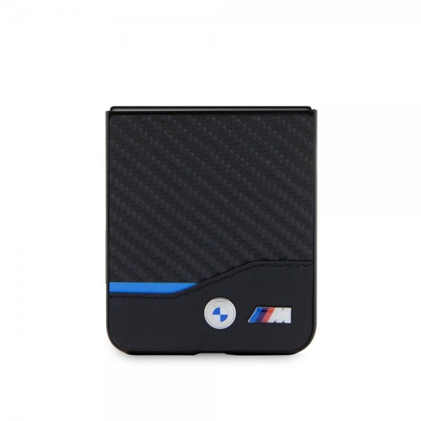BMW Samsung Galaxy Z Flip 5 Kuoret, hiilikuitujäljitelmä, metallilogo, musta