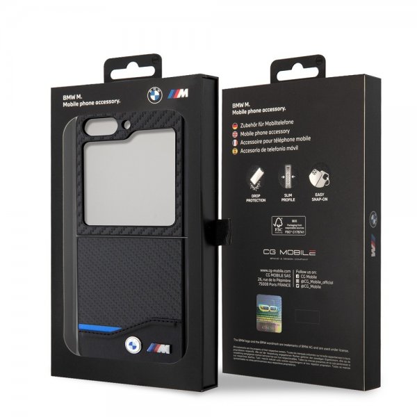 BMW Samsung Galaxy Z Flip 5 Kuoret, hiilikuitujäljitelmä, metallilogo, musta