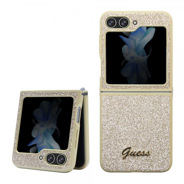 Guess Samsung Galaxy Z Flip 5 Kuori Glitter Flakes Metallilogo Kulta