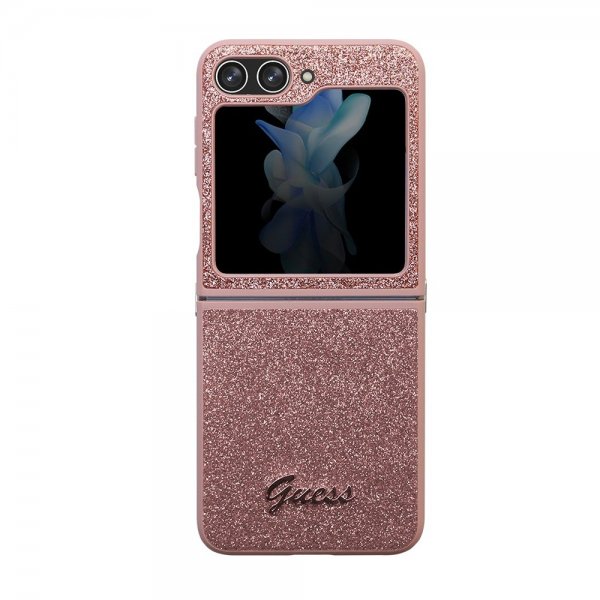 Guess Samsung Galaxy Z Flip 5 Suojakuori Glitterhiutaleita Metalli Logo Roosa