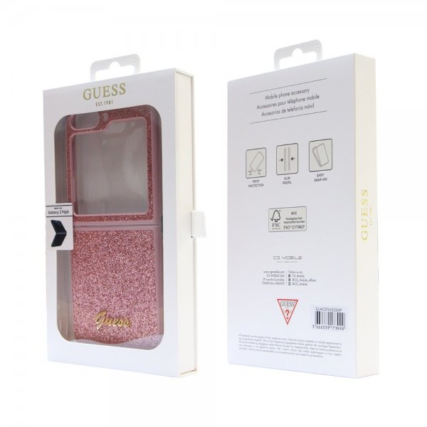Guess Samsung Galaxy Z Flip 5 Suojakuori Glitterhiutaleita Metalli Logo Roosa