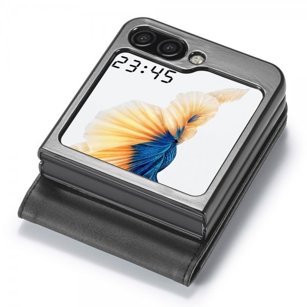 Lc.Imeeke Samsung Galaxy Z Flip 6/Flip 7 FE suojakotelo, jossa korttipaikka ja jalustatoiminto, musta