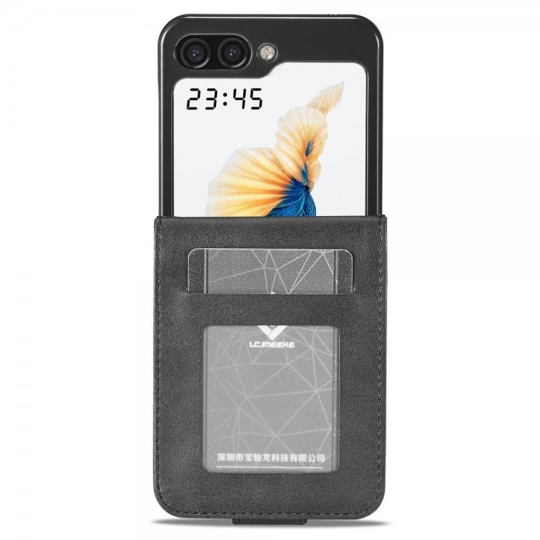 Lc.Imeeke Samsung Galaxy Z Flip 6/Flip 7 FE suojakotelo, jossa korttipaikka ja jalustatoiminto, musta