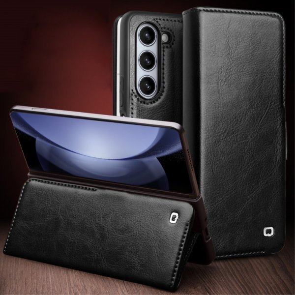 Qialino Samsung Galaxy Z Fold 5 Kotelo Aitoa Nahkaa Musta