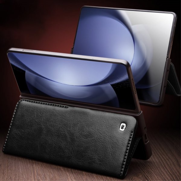 Qialino Samsung Galaxy Z Fold 5 Kotelo Aitoa Nahkaa Musta