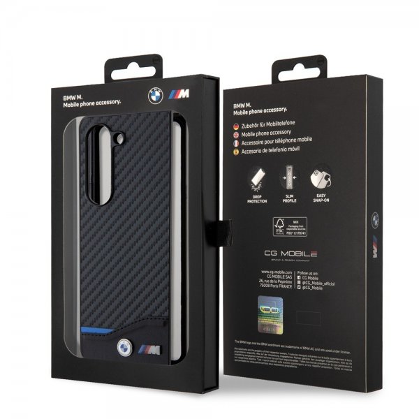 BMW Samsung Galaxy Z Fold 5 -suojakuori, hiilikuitujäljitelmä, metallilogo, musta