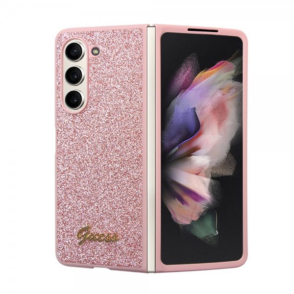 Guess Samsung Galaxy Z Fold 5 -kuori, jossa glitterhiutaleita ja metallinen logo, vaaleanpunainen