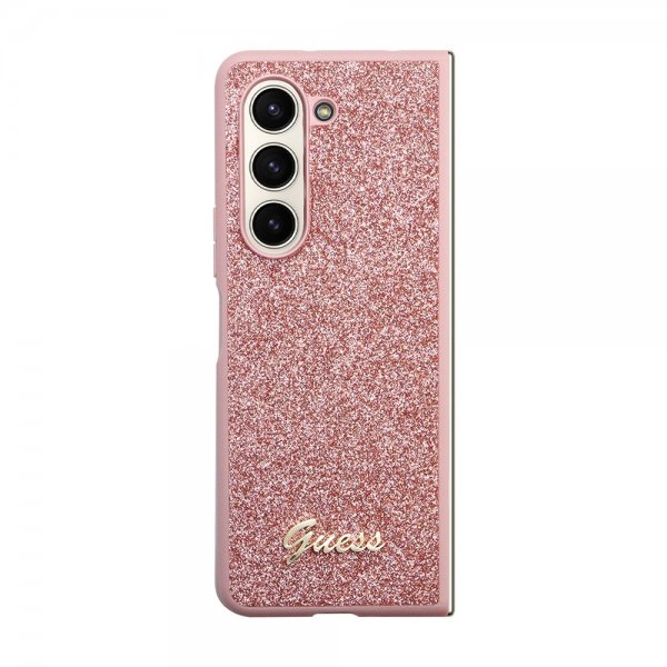 Guess Samsung Galaxy Z Fold 5 -kuori, jossa glitterhiutaleita ja metallinen logo, vaaleanpunainen