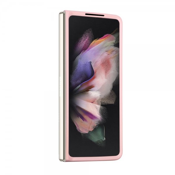 Guess Samsung Galaxy Z Fold 5 -kuori, jossa glitterhiutaleita ja metallinen logo, vaaleanpunainen