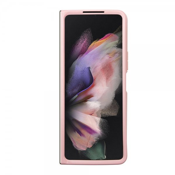 Guess Samsung Galaxy Z Fold 5 -kuori, jossa glitterhiutaleita ja metallinen logo, vaaleanpunainen