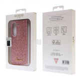 Guess Samsung Galaxy Z Fold 5 -kuori, jossa glitterhiutaleita ja metallinen logo, vaaleanpunainen