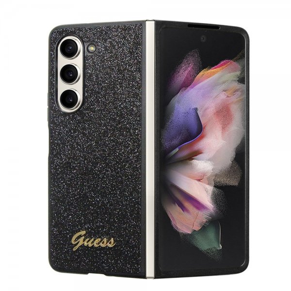 Guess Samsung Galaxy Z Fold 5 Glitter Flakes Metal Logo Suojakuori Musta