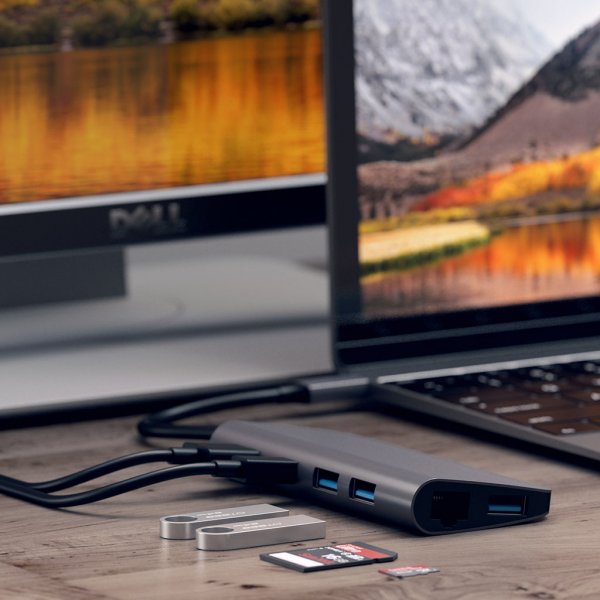 Satechi USB-C Multimedia-adapteri 4K HDMI/Mini DisplayPort Gigabit Ethernet Harmaa