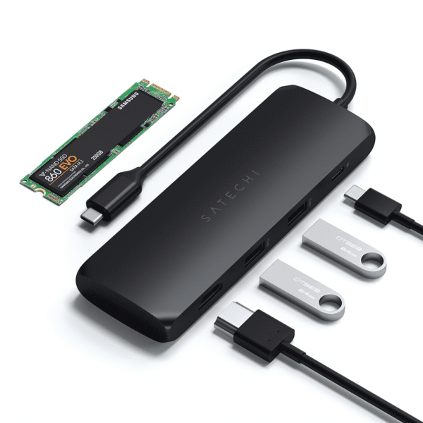 Satechi USB-C HYBRID integroidulla SSD-tallennusmahdollisuudella, musta