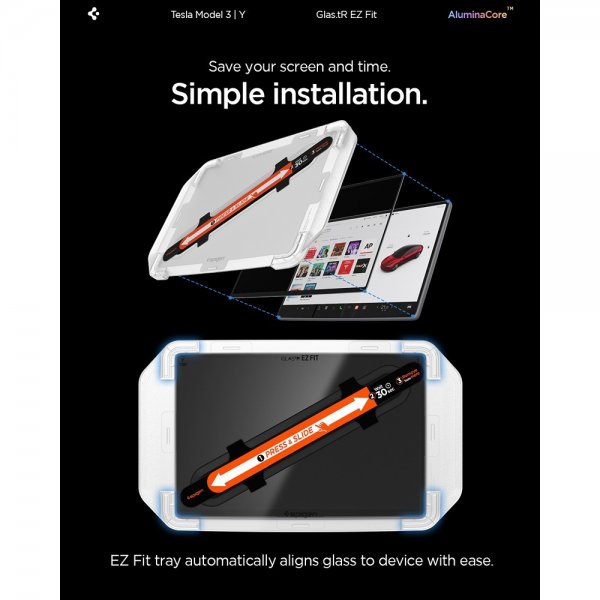 Spigen GLAS.tR EZ Fit -näytönsuoja Tesla Model Y (2025/2026)/Model 3 (2024/2025/2026)