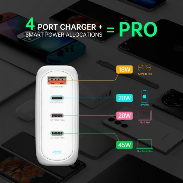 4smarts Pöytälaturi GaN Flex Pro 100W 3 USB-C+1 USB-A