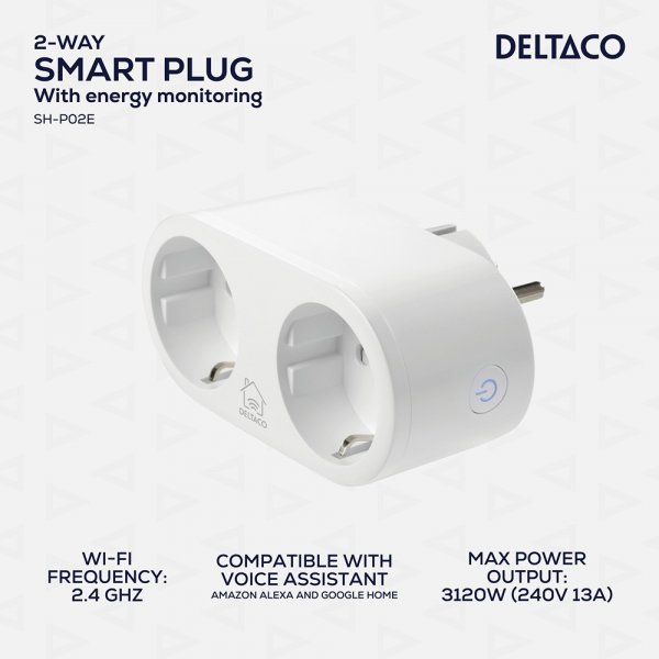 Deltaco Smart Home Älypistorasia kahdella pistokkeella ja energiankulutuksen seurannalla