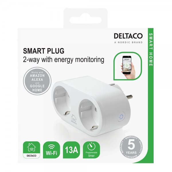 Deltaco Smart Home Älypistorasia kahdella pistokkeella ja energiankulutuksen seurannalla