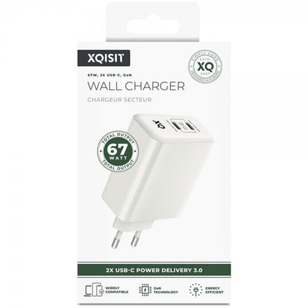 Xqisit Pikalaturi 2xUSB-C PD 3.0 GaN 67W Valkoinen