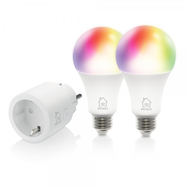 Deltaco Smart Home Starter Kit, sisältää Smart Plug -älypistokkeen ja 2 RGB LED-lamppua