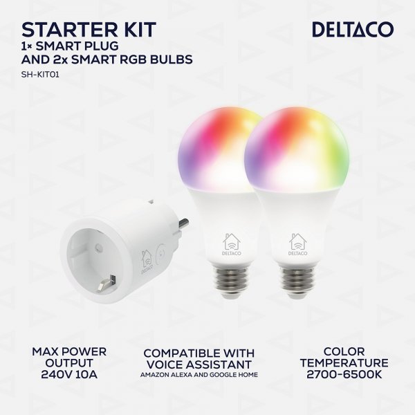 Deltaco Smart Home Starter Kit, sisältää Smart Plug -älypistokkeen ja 2 RGB LED-lamppua