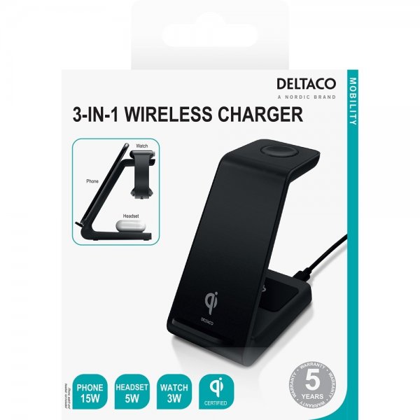 Deltaco langaton laturi 3-in-1 Wireless Charger, musta