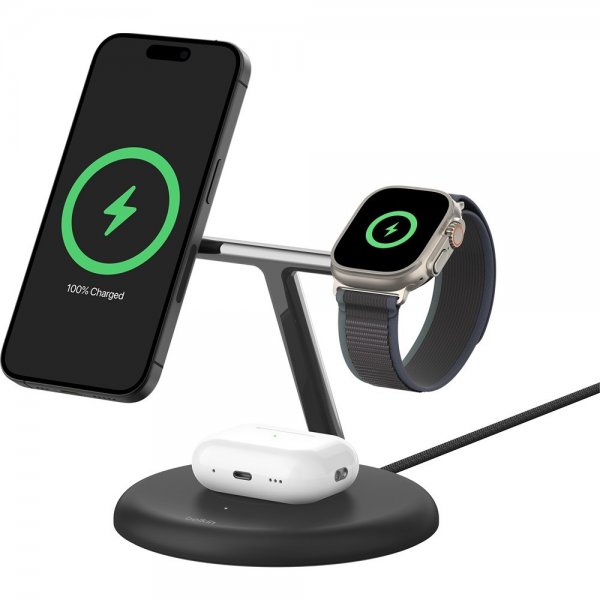 Belkin Langaton Laturi BoostCharge Pro 3-in-1 MagSafe Qi2 15W Musta