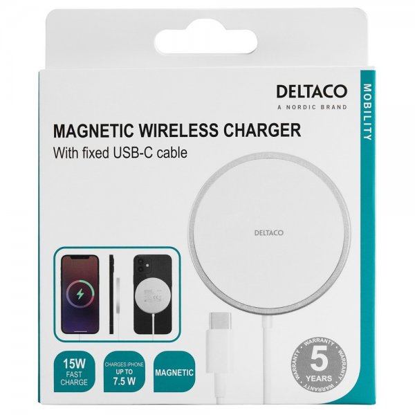 Deltaco langaton laturi MagSafe-yhteensopiva magneettinen valkoinen