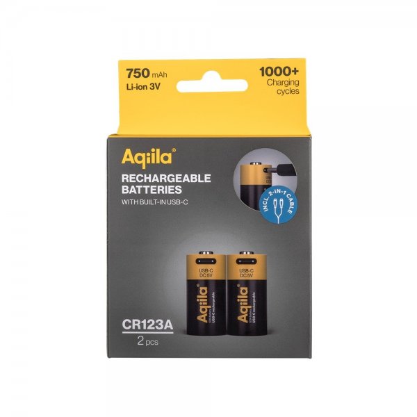 Aqiila Ladattava CR123A-akku USB-C 2 kpl