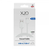 X2O USB-A–USB-C-kaapeli Basic 60 W 0,5 m valkoinen