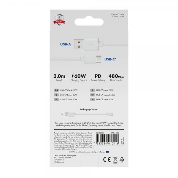 X2O USB-A–USB-C-kaapeli Basic 60W 2m Valkoinen
